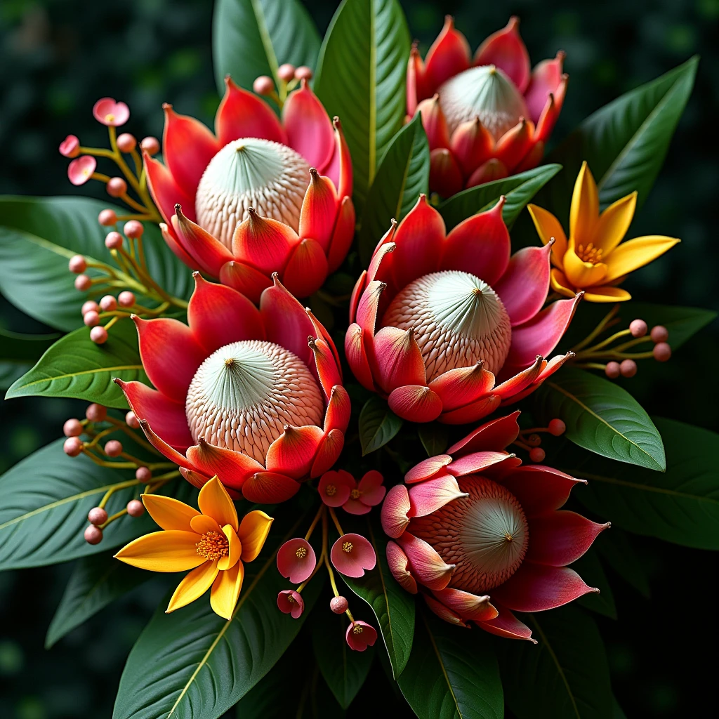 Exotic tropical arrangement with proteas and anthuriums
