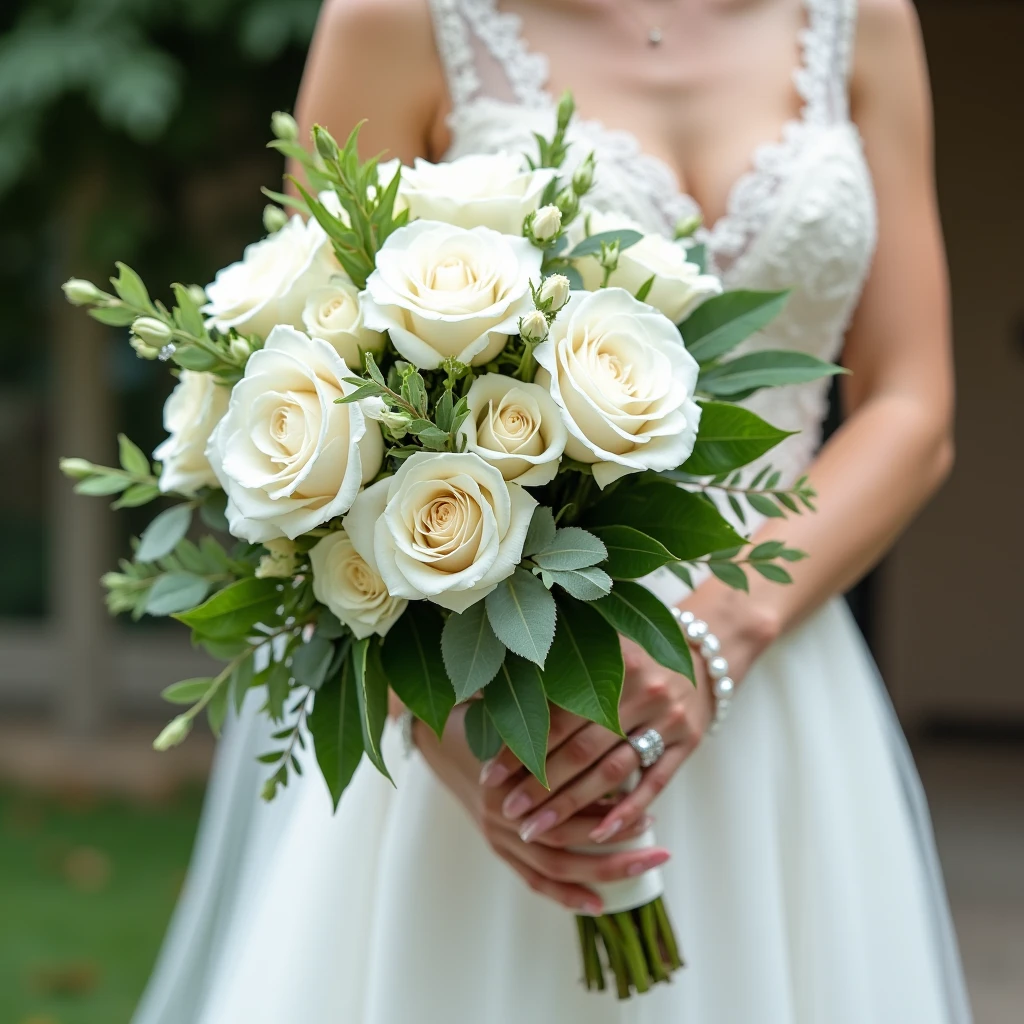 Elegant wedding bouquet with white roses and greenery