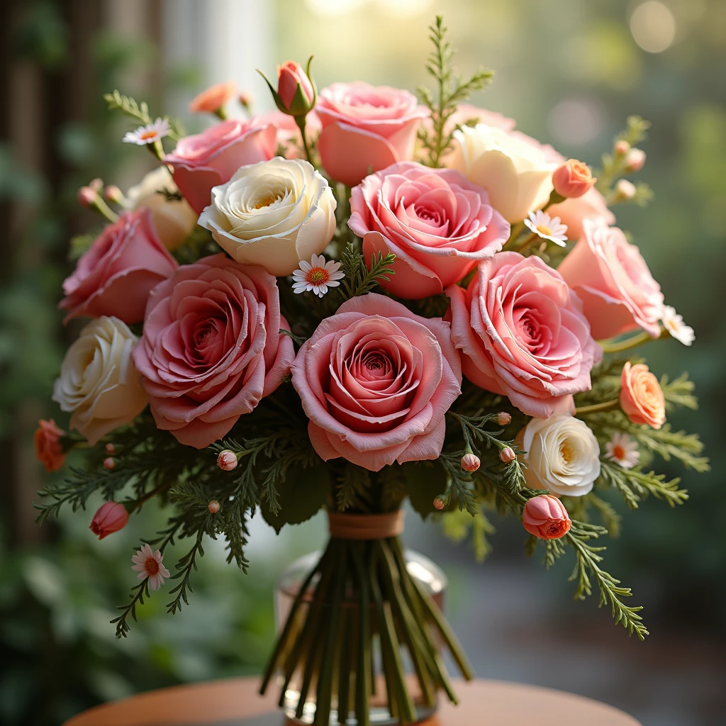 Romantic garden rose bouquet with seasonal blooms